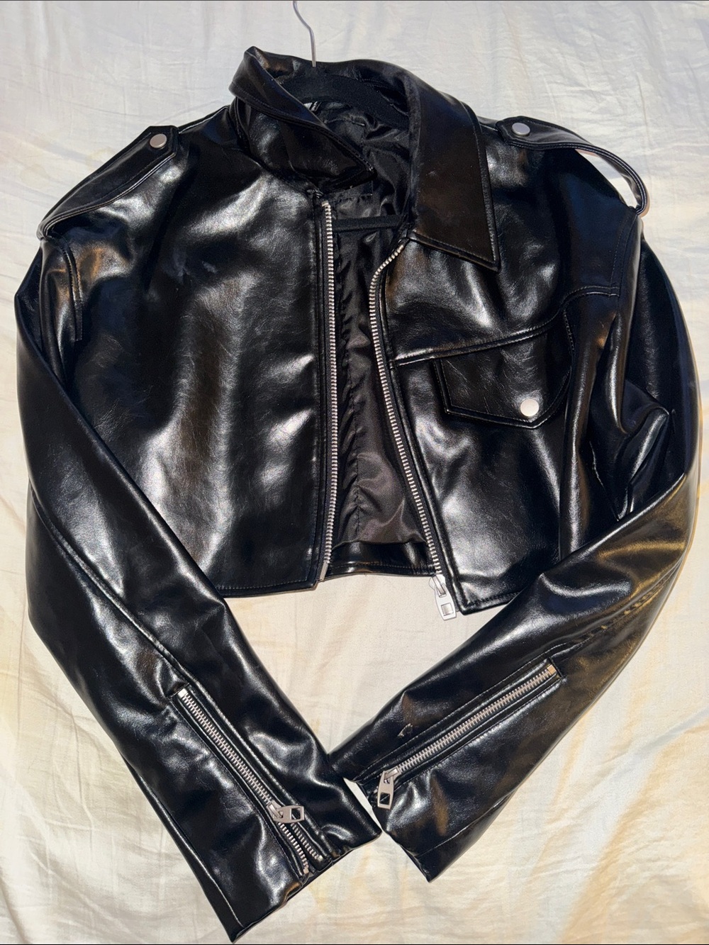 Zara Black Cropped Faux Leather Moto Jacket